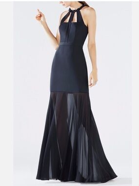 BCBG Black Beaded Halter Sheer-Hem Evening Gown